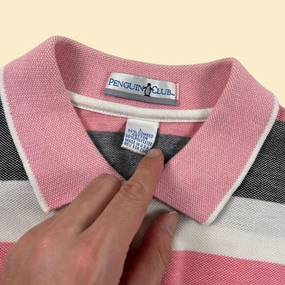 90s L pink polo shirt by Penguin Club, vintage pink & grey striped mens top - Picture 5 of 10